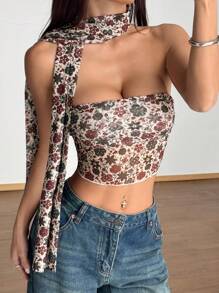 SHEIN EZwear Top de type camisole ample et décontracté avec imprimé floral minimaliste pour femmes - Multicolore - Voir 4