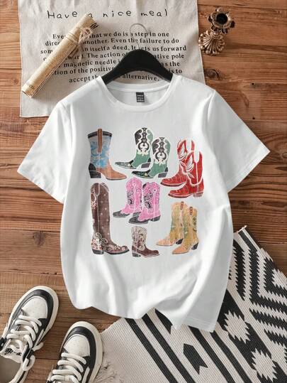Attitoon Vintage Style Short Boots, Western Cowgirl Boots, Casual Crew Neck Short Sleeve Women's T-Shirt Suitable For Summer Back To School Slightly Sheer