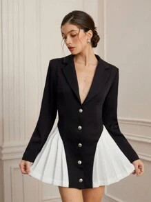 Aveloria Rosie Vestido corto elegante para mujer con diseño de bloqueo de color en el cuello tipo blazer, basta y cintura, con botones delanteros