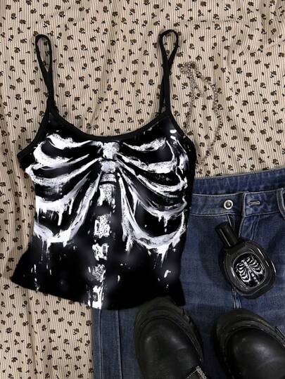 Attitoon Vintage Rock N' Roll Skeleton Bones Graphic, Retro Gothic Style Bone Design Women's Casual Sexy Camisole Tank Top Suitable For Going Out