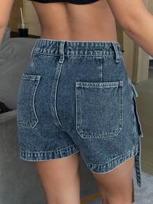 DAZY Falda vaquera con detalles de bolsillo lavada y desgastada para mujer, ropa de otoño - Azul - Ver 2