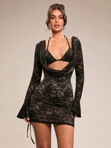 SHEIN BAE 女士黑色蕾丝长袖镂空后背性感深 V 领紧身迷你连衣裙，适合情人节、度假和日常穿着