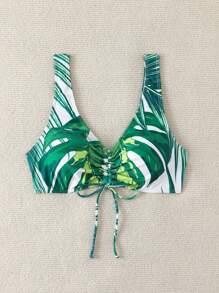 Women's Random Floral Print Round Neck Ruffles Tied Front Sporty Swimwear Top For Summer Beach Vacation - Green - View 4