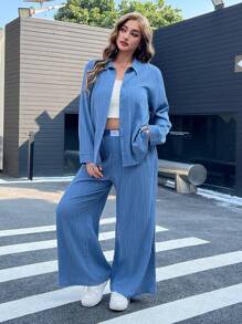 Muchica 2 件套加大码蓝色长袖蓝色衬衫和裤子，春夏装 - 淺藍色 - 查看 1