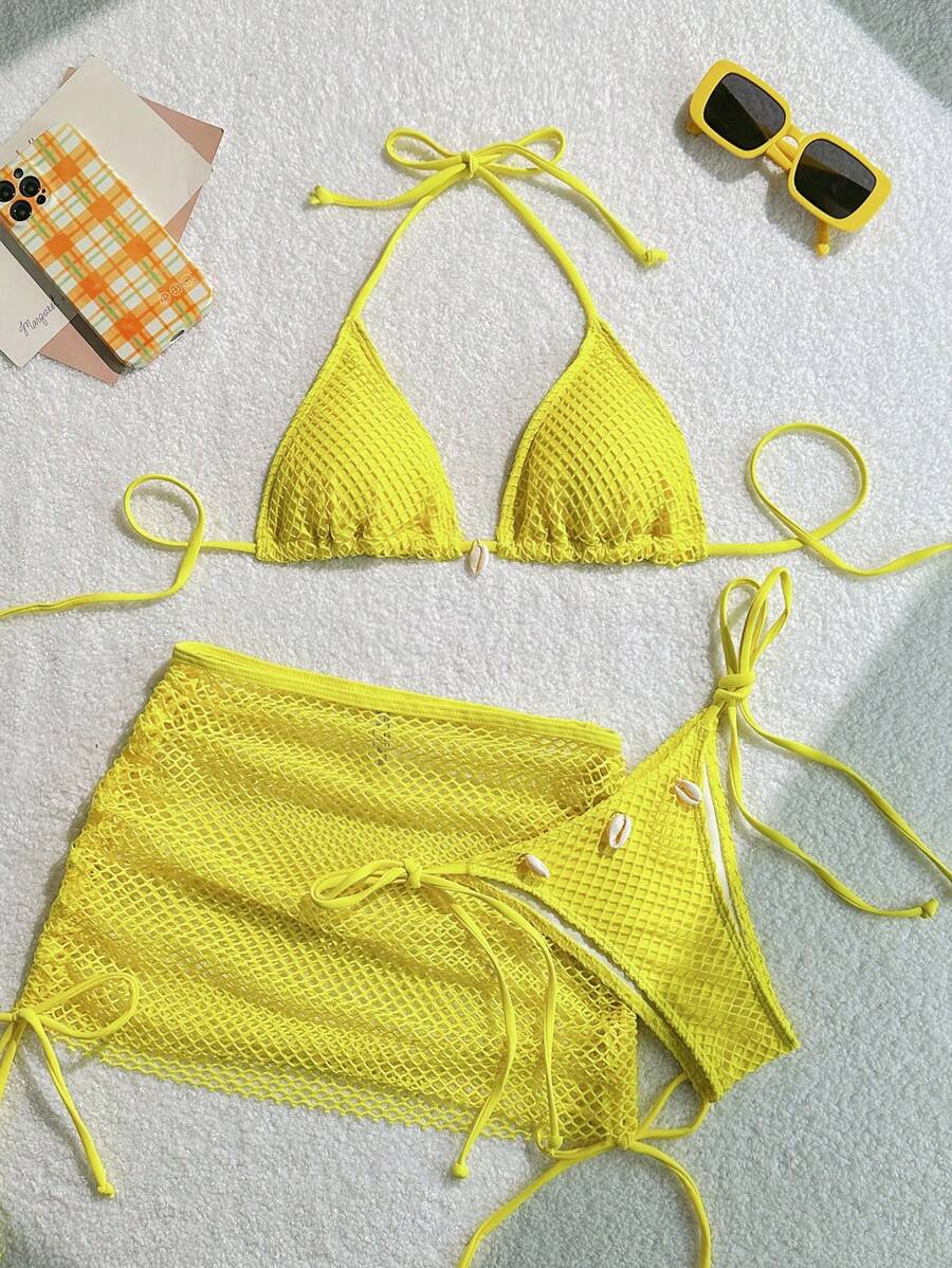 Swim Mod 3pcs Women Solid Color Halter Tie-Back Bikini Set For Summer Beach Vacation - Yellow - View 1