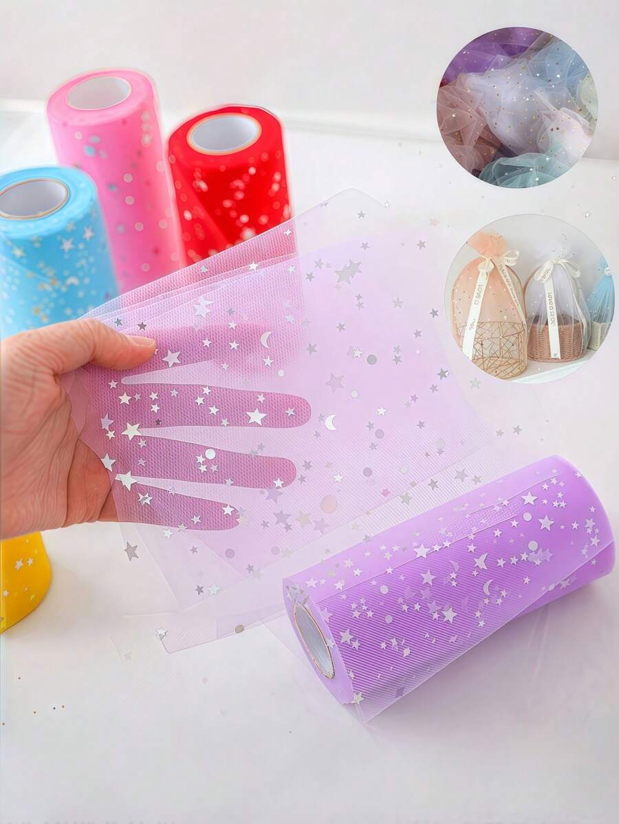1PC 10 Yards Star Moon Laser Glitter Tulle Roll Soft Sheer Fabric Shimmery Mesh Ribbon For Party Decor DIY Craft Ballet Tutu Wedding Backdrop Stage Costume Sewing - Multicolor - View 1
