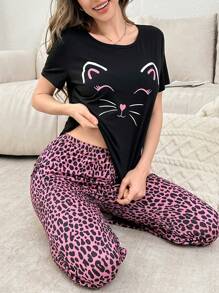 2pcs Cat Leopard Print Short Sleeve Pajama Set - Multicolor - View 1