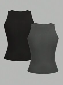 SHEIN EZwear 女式两件套基本款罗纹黑灰色背心，夏季上衣 - 彩色 - 查看 2