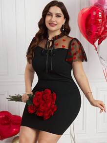 Ellevyn Plus Size Elegant Valentine's Day Heart Mesh & Flocked Patchwork Fitted Dress Outfit