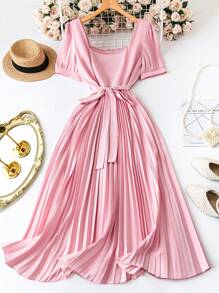 Celure Vintage Square Neckline Shirred Pleated Minimalist Elegant Dress