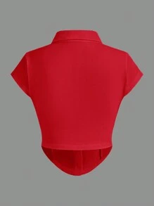 Muchica Women's Plain Color Front Button Short Sleeve Simple Casual Blouse, Red Top - Red - View 2