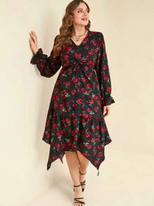 SHEIN Clasi Plus Size Rose Twist Asymmetrical Hem Dress, Women New Year Party Holiday Valentine Modest Dress