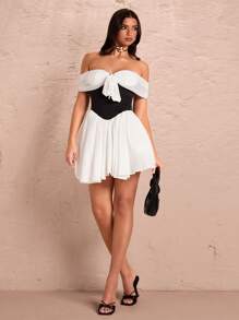SHEIN BAE Elegant Black And White Summer Princess Dress,Off-Shoulder Bowknot Strap Sweet Girl Fitted Fluffy Birthday Party Dress For Dates&Prom - Black and White - View 5