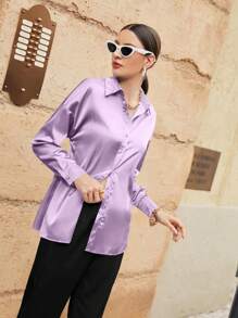 Mulvari Kemeja Lengan Panjang Polos Minimalis untuk Wanita, Cocok untuk Perjalanan Santai di Musim Gugur - Purple - View 4