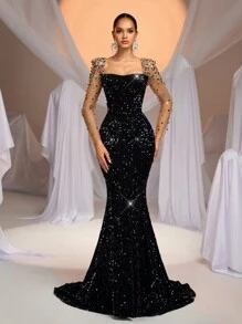 Glamrae فستان ماكسي من الفيلكرو الرائق مطرز باللؤلؤ لامع نصف شفاف أكمام طويلة مناسب للزفاف والحفلات والسهرات والأعياد والسهرات الراقية (بطراز التطريز الثقيل)، فستان حفلة، رقصة، رسمي، سهرة، حفل زفاف - الأسود - مشاهدة 2