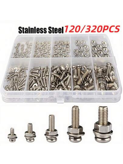 120pcs/320pcs Premium Stainless Steel Screw And Nut Assortment Kit - Corrosion-Resistant, Snap-In Nuts, M2 To M5 Sizes - Ideal For DIY, Repair, And Industrial Applications