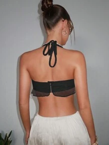 SHEIN ICON 蝴蝶结装饰荷叶边下摆挂脖背心 - 黑色 - 查看 3