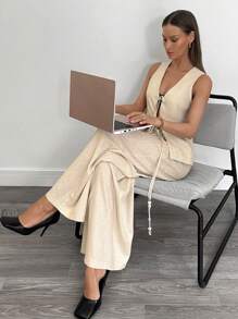 SHEIN Essnce 2 pièces Ensemble de gilet et pantalon casual pour femme avec nœud, tenue de bureau décontractée pour dames, affaires pour femmes, ensemble deux pièces pour femmes, vêtements en lin pour femmes, printemps