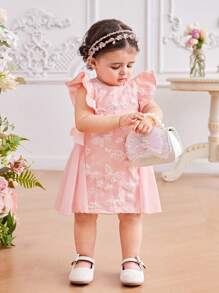 SHEIN Đầm lưới tay bèo in họa tiết bướm màu trắng thanh lịch cho bé gái, phù hợp cho những dịp như lễ hội, tháng Ramadan, tiệc tùng, mùa xuân và mùa hè - Nhiều màu - Xem 5