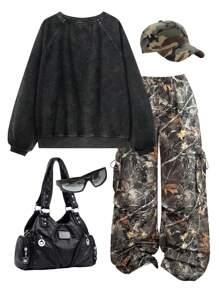 SHEIN EZwear Sudadera holgada de manga larga con estampado gráfico, tipo básico/rapero, en color negro lavado, para mujer en primavera/verano - Negro - Ver 2