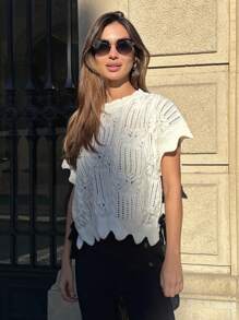 Pariaura Suéter holgado de tejido a punto con cuello redondo y diseño calado, de estilo francés y versátil