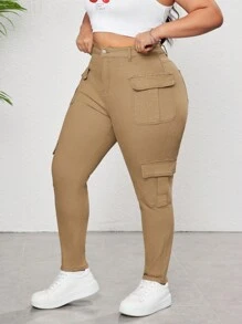 SHEIN CURVE+ Women's Plus Size Khaki Jeans High Stretch Denim Comfortable And Versatile Cargo Pocket Spring And Summer Jeans Slimming Tight Pants - Khaki - View 4