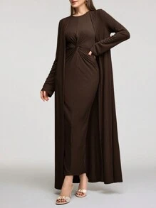 Veilorie Bộ 2 chiếc/Bộ Đầm suông màu trơn thanh lịch cho nữ kèm áo khoác dài thêm Bộ 2 món khiêm tốn - Cà phê nâu - Xem 3