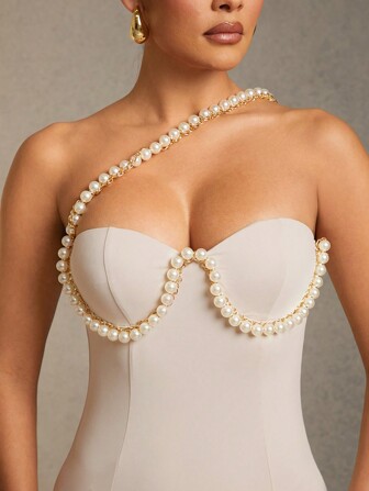 L'Amorae Damkläder, Elegant Beige Jersey Faux Pearl Utsmyckad Bustier Mermaid Maxiklänning, Damklänningar, Balklänning, Del Damklänningar, Bröllopsklänning, Eleganta Damklänningar, Alla hjärtans dagsklänning, Formella Damklänningar. För Date Night, konserter, föreställningar, bröllop, fester, kvällar