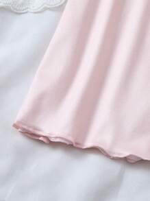 Girls Ruffle Collar Flare Hem Short Sleeve Knit Pajama Set, Casual Loungewear Outfit, Spring/Summer - Baby Pink - View 3