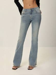 Poéselle 女式休闲水洗低腰修身喇叭裤 - Y2K 风格，百搭时尚，FW25 必备牛仔裤 - 中等水洗藍 - 查看 4