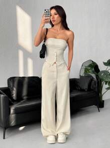 SHEIN EZwear Bộ 2 áo liền quần màu trơn cho nữ, giản dị và thời trang để mặc hàng ngày - Màu be - Xem 4