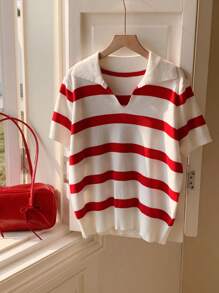 SHEIN EZwear Pull tricoté casual blocs de couleurs à rayures, grande taille, printemps/été