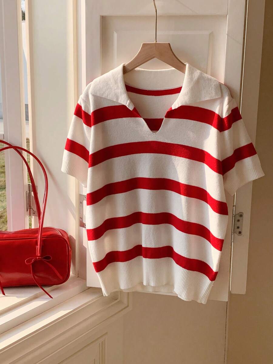 SHEIN EZwear Pull tricoté casual blocs de couleurs à rayures, grande taille, printemps/été