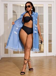 Slaydiva Chaqueta vaquera larga con efecto desgastado y estilo bohemio en talla grande - Azul lavado medio - Ver 5