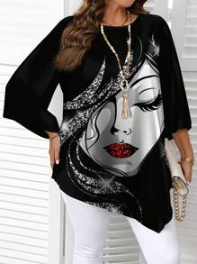 EMERY ROSE Camisa holgada de talla grande con estampado de rostro abstracto, estilo minimalista, para primavera y otoño