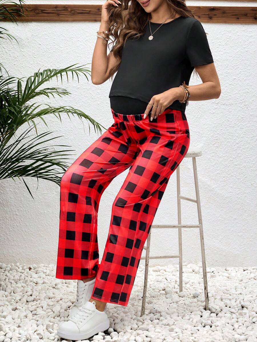 SHEIN 2pcs Maternity Red & Black Plaid Short Sleeve Casual Lounge Wear Set, Suitable For Spring/Summer - Multicolor - View 1