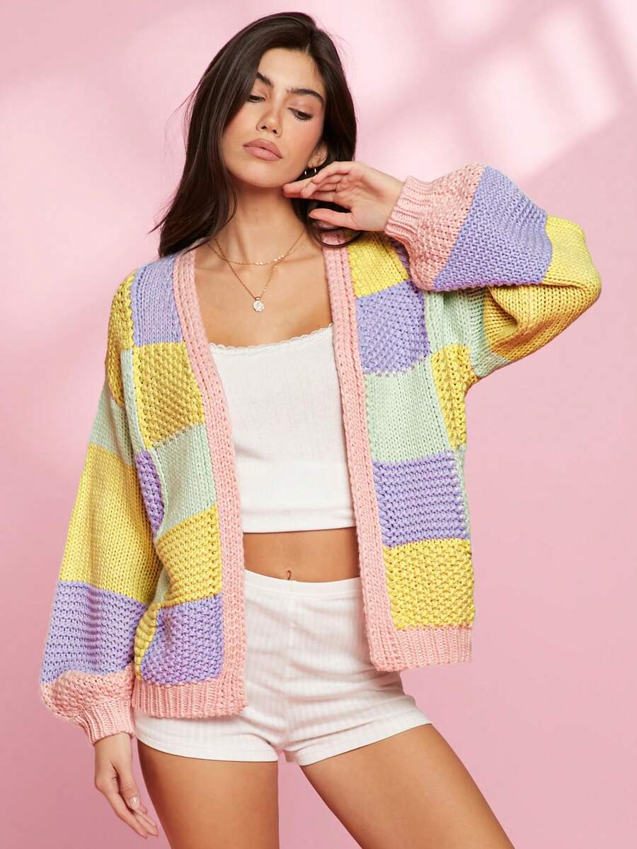 WESTFADE Spring Colorblock Patchwork Open Front Longline Cardigan Sweater - Multicolor - View 1
