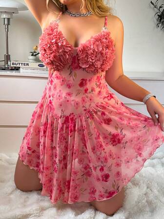 CottageSlumber Plus Size Mulheres 3D Floral Decor Romântico Bonito Floral Print Malha Camisola Camisola