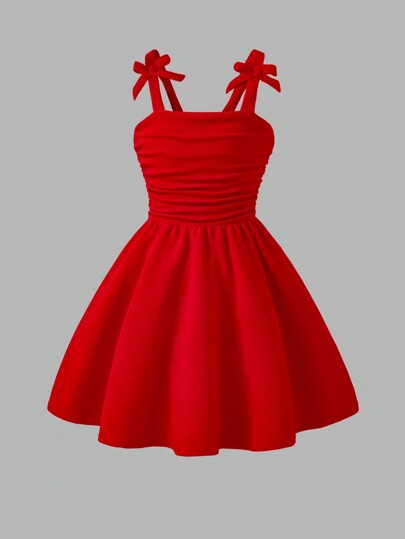 Vestido elegante con tirantes de lazo y plisado para niñas preadolescentes, a la moda y elegante