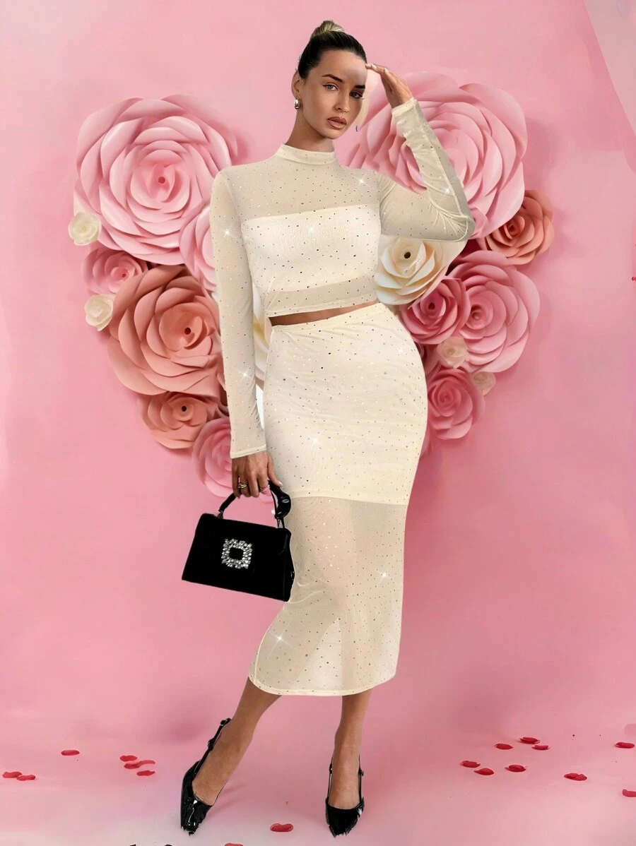 SHEIN Clasi Bộ 2 chiếc thời trang lưới đính đá Rhinestone màu đen dành cho nữ, đa năng khi đi chơi, mùa thu/đông - Màu be - Xem 1