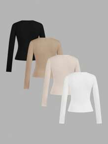 SHEIN EZwear 4-Piece Women's Essential Long Sleeve Tees, Crew Neck, Fitted Neutral Tops, Versatile Style Autumn And Winter - Multicolor - View 2