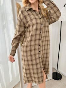 Chemise de nuit à manches longues avec col à carreaux