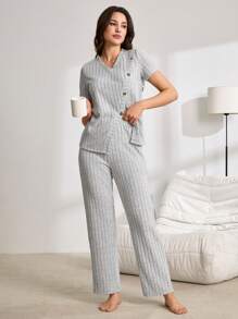 Solid Color Casual Brushed Side Slit Button Decor Women Pajama Set - Light Grey - View 4