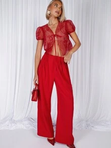 COSMINA Blusa casual de manga corta con amarre delantero y tela transparente para uso diario