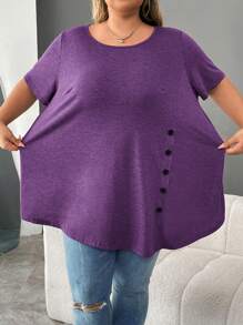 SHEIN CURVE+ 大码纽扣细节不对称下摆 T 恤 - 紫色 - 查看 5