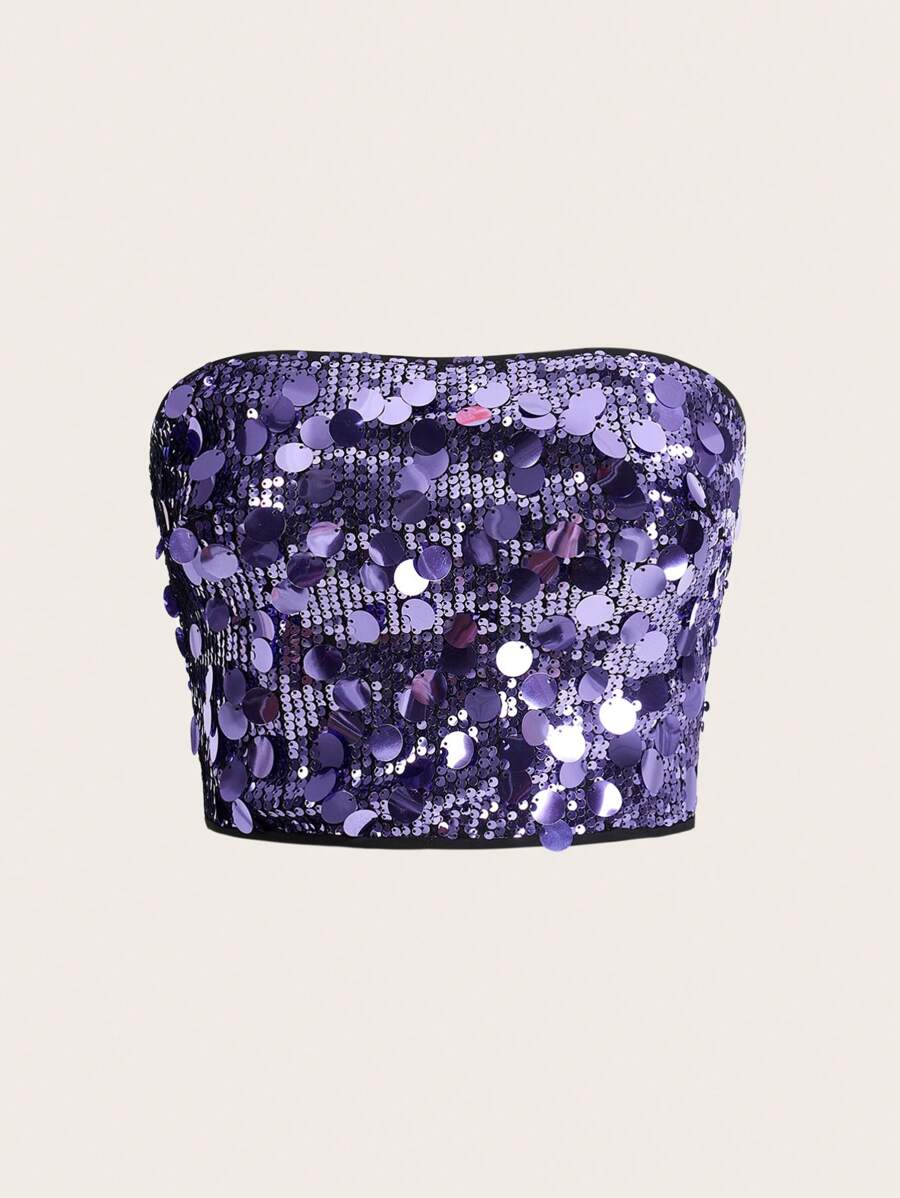 SHEIN ICON Y2K 亮片抹胸适合派对、性感外出俱乐部穿着 - 紫色 - 查看 1