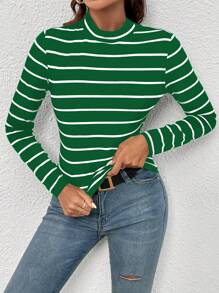 SHEIN LUNE Spring Casual Striped Slim Fit Long Sleeve T-Shirt - Green - View 5