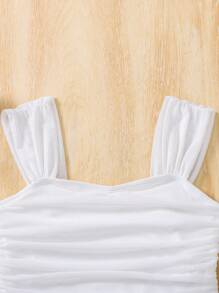 Tween Girls Cute White Summer Sweetheart Collar Romatic Solid Ruched Wide Strap Top,Back To School,French Elegance - White - View 6