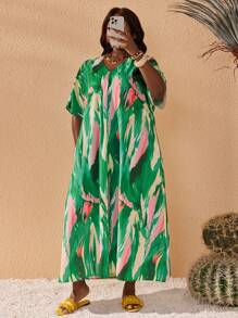 Slaydiva Plus Size Women Casual & Vacation Loose V-Neck Short Sleeve A-Line Dress With Pockets, Watercolor Brush Stroke Printed, Spring/Summer - Green - View 3