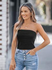 SHEIN LUNE Women's Ribbed Knit Shoulder Casual Solid Color Blouse, Summer,Going Out Tops